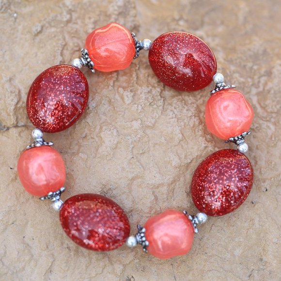Coral and Red Sparkly Bracelet - Picture 1 of 5